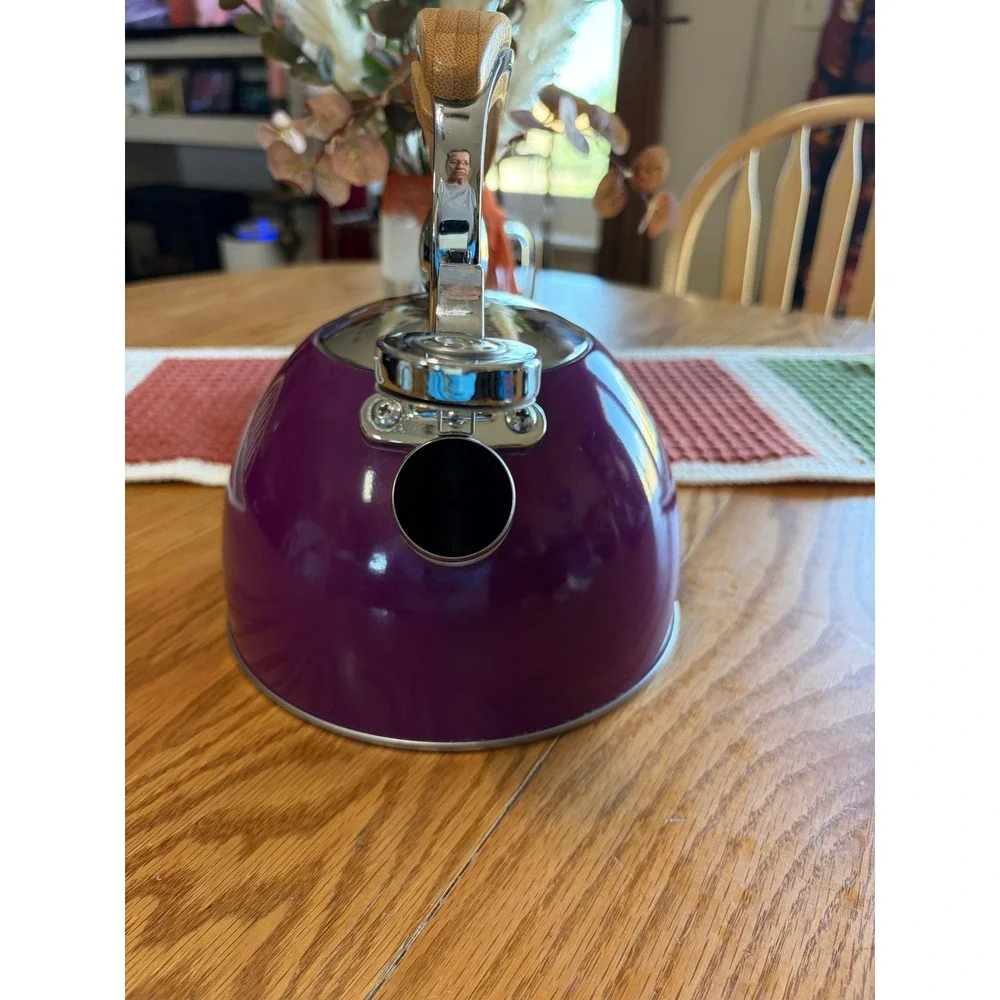 Pinky Up Whistling Tea Kettle Purple Enamel Stainless Steel Wood Grain Handle